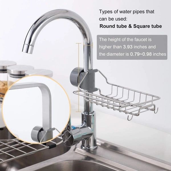 Adjustable Stainless Steel Sink Faucet Caddy Organizer | Hanging Sponge & Soap Holder Basket with Hooks