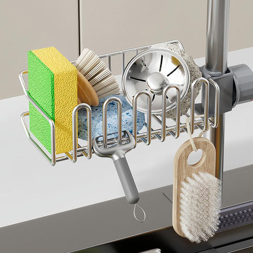 Adjustable Stainless Steel Sink Faucet Caddy Organizer | Hanging Sponge & Soap Holder Basket with Hooks