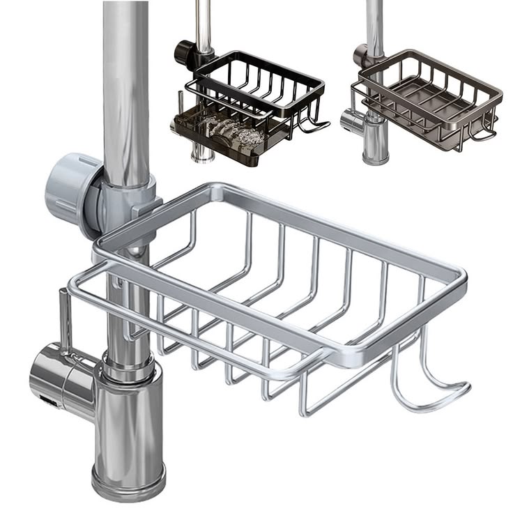 Adjustable Stainless Steel Sink Faucet Caddy Organizer | Hanging Sponge & Soap Holder Basket with Hooks