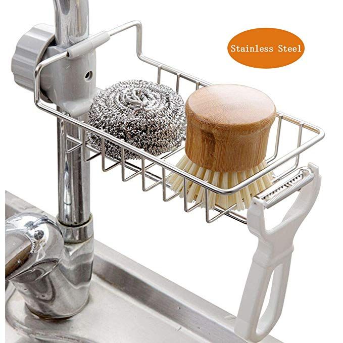 Adjustable Stainless Steel Sink Faucet Caddy Organizer | Hanging Sponge & Soap Holder Basket with Hooks